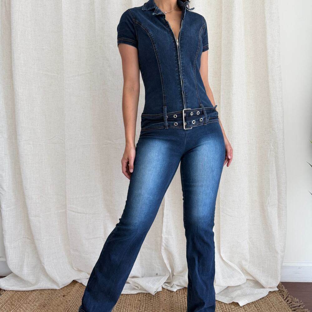 Vintage Y2K Denim Jumpsuit Medium Flare Low Rise Belted Zip Front Britney JLo - Picture 7 of 12